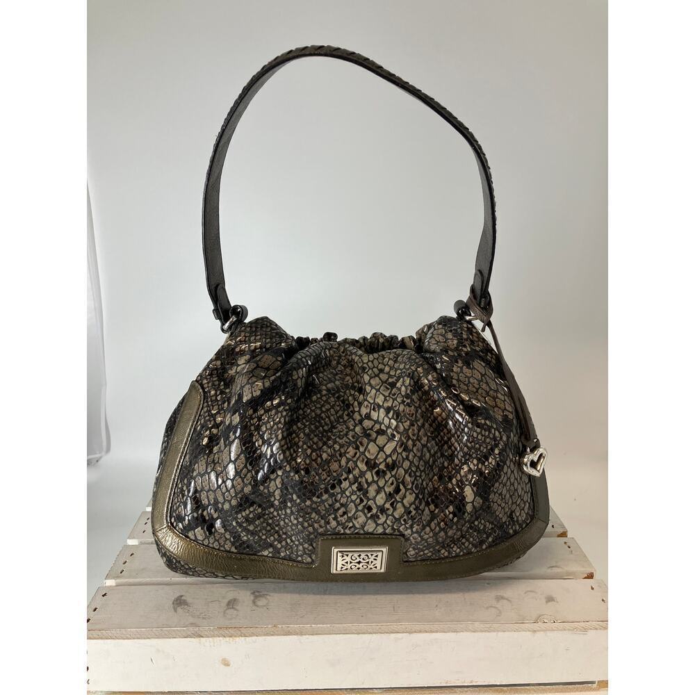 BRIGHTON, LARGE METALIC ANIMAL PRINT SHOULDER BAG WITH CHARM